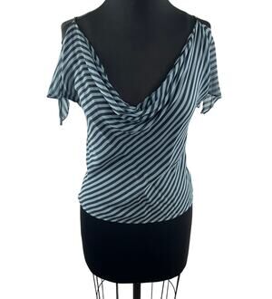 Warehouse Gray Black Crop Blouse Silk Striped Cowl Neck Cold-Shoulder Size 8
